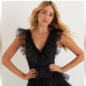 Striking Sensation Black Tulle Tiered Ruffled Mini Dress